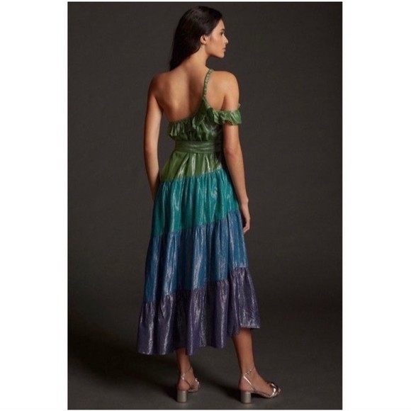 Anthropologie Maeve Metallic Ruffled One-Shoulder Color Block Belted Midi Dress - Picture 4 of 9
